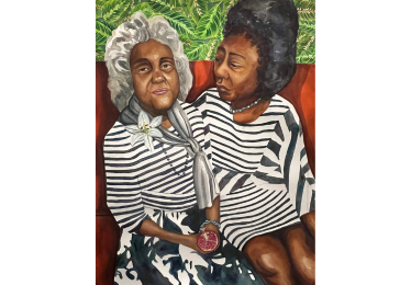 A painting of two women with patterned dresses