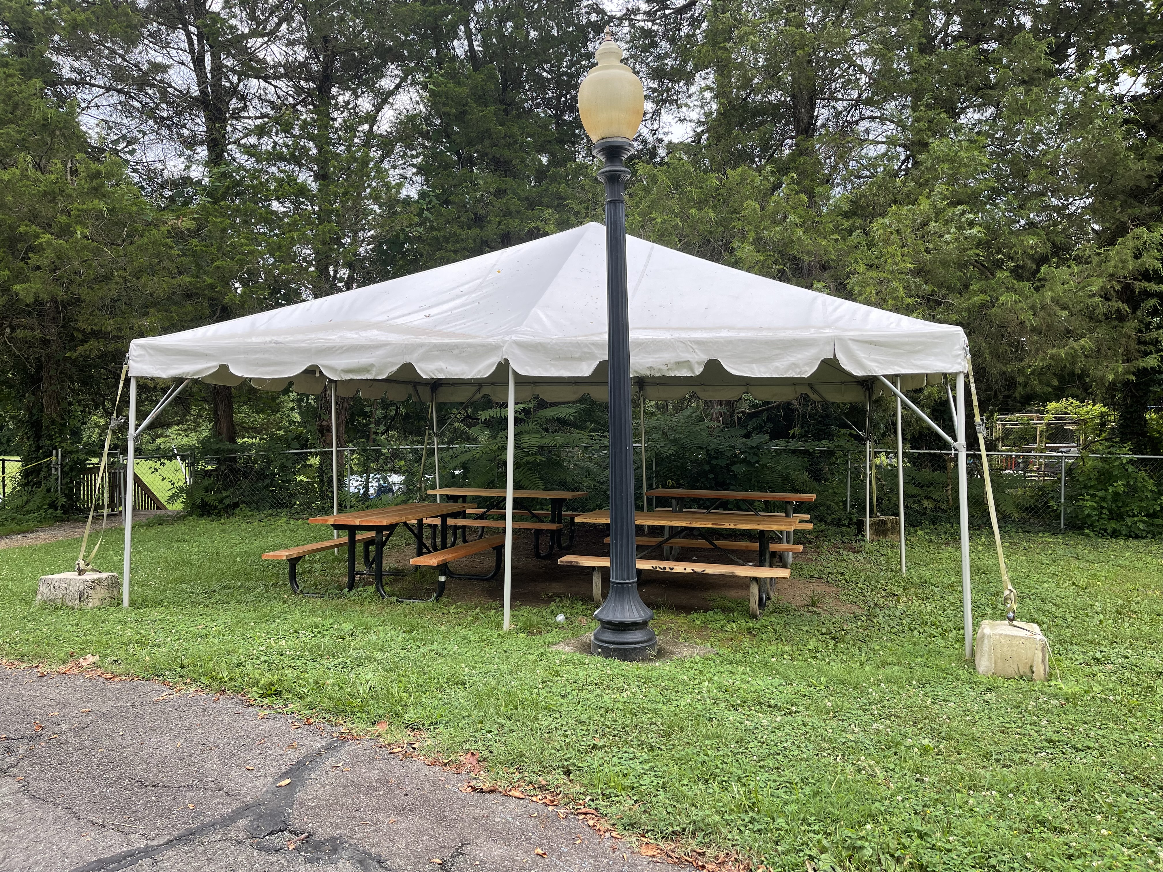 Tent with picnic tables