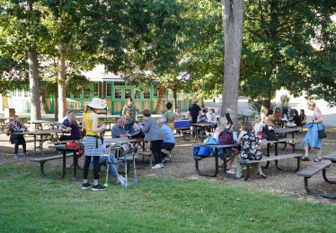 Busy picnic tables