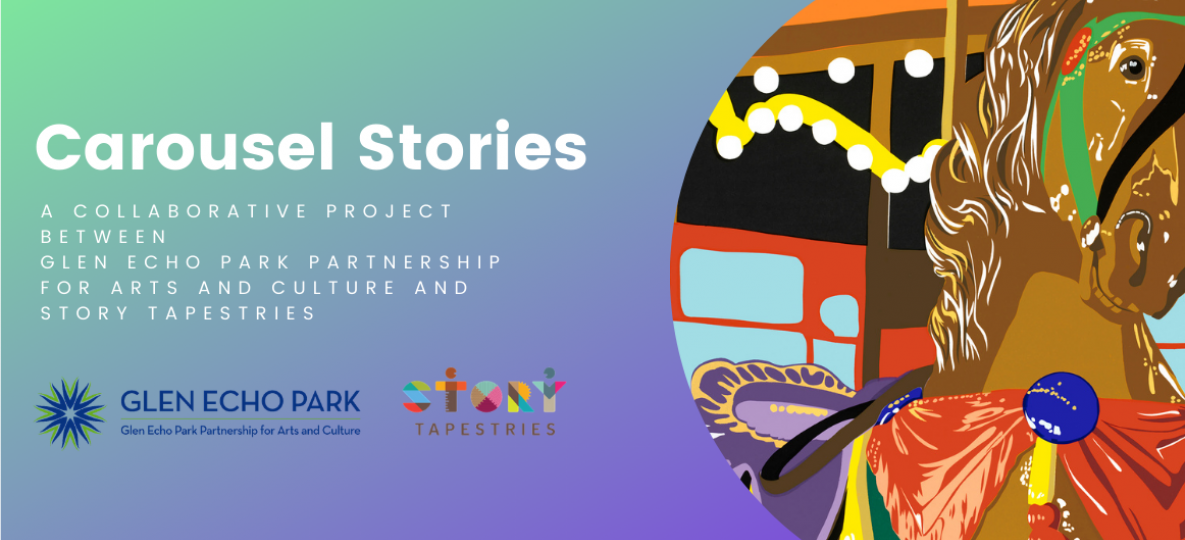 Carousel Stories web banner with gradient blue and green and colorful carousel horse graphic