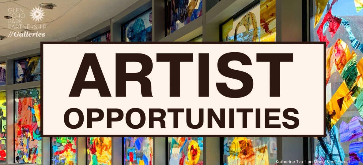  Brown text reads Artist Opportunities, layered over a colorful window installation. 