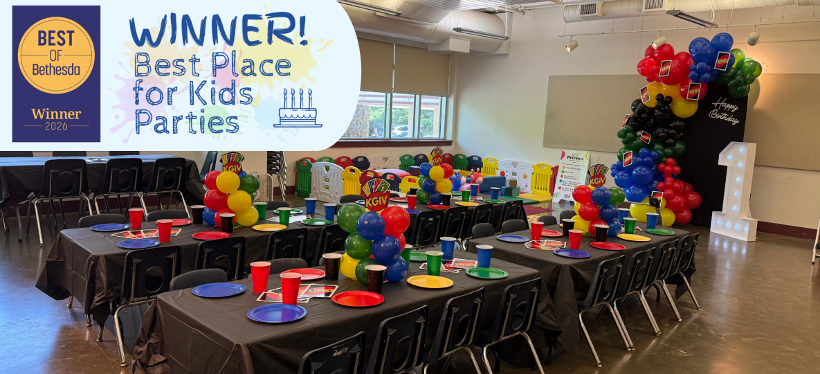 Classroom with birthday balloons and Best of Bethesda logo