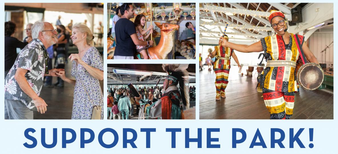 Blue text with a collage of images reads: Support the Park!