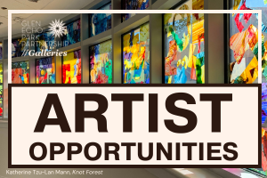  Brown text reads Artist Opportunities, layered over a colorful window installation. 